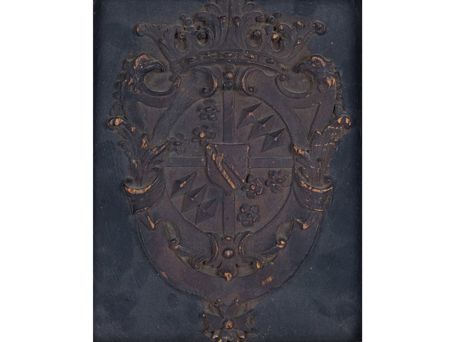 COAT OF ARMS IN FRAME, COUNT TOERRING (INSCRIBED ON THE BACK): Coat of arms in frameCount Toerring (inscribed on the back)Both 18th centuryCarved wood22 x 17.3 cm, with frame 26.5 x 22.5 cm