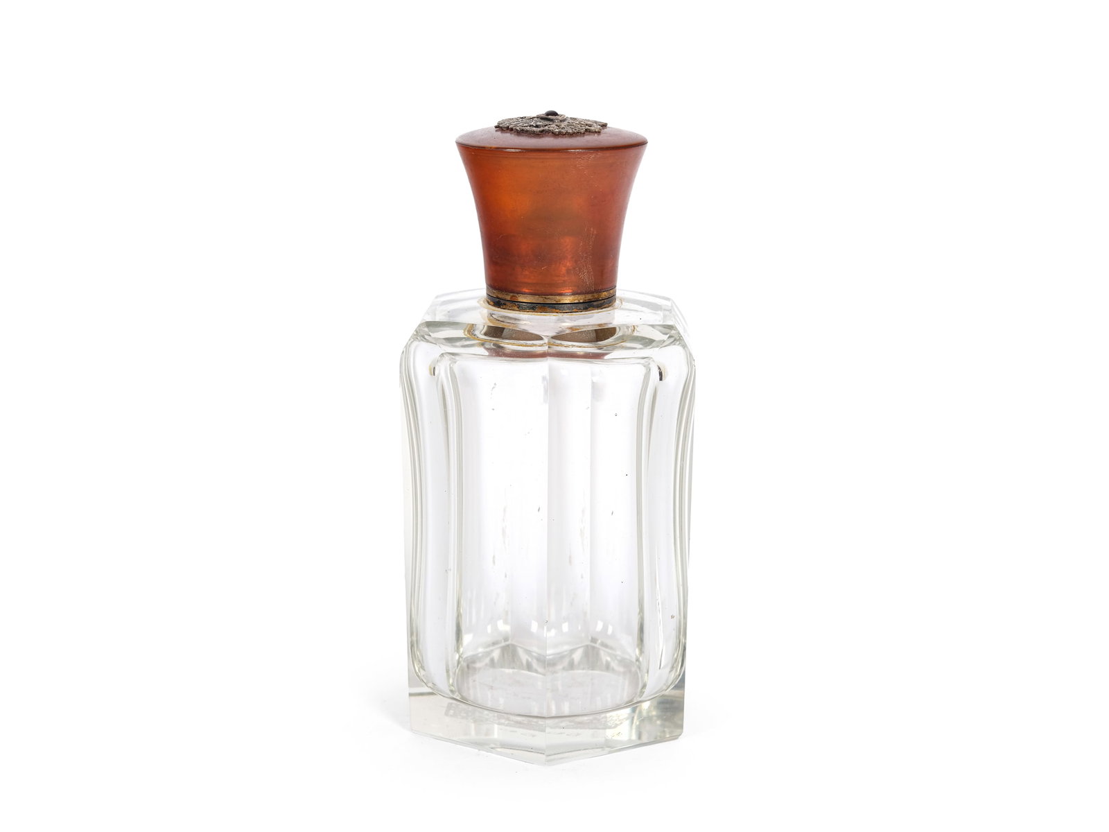LARGE PERFUME GLASS BOTTLE, WITH HEXAGONAL CUT (1 of 3)