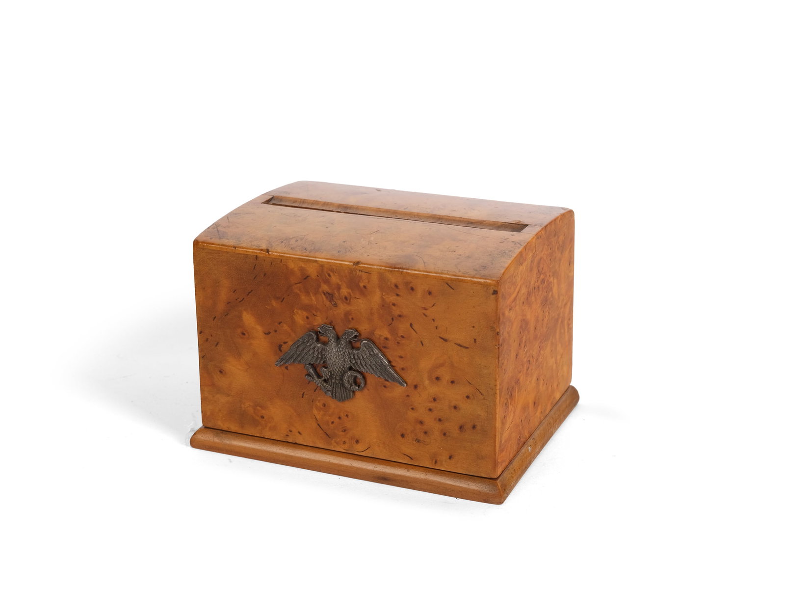 CIGARETTE BOX, RUSSIA?, BURL WOOD: Cigarette box, Russia?Burl woodRussian eagle in relief on both sidesSilver, marked (84 zolotniki)12 x 9.3 cm, height 8.2 cm