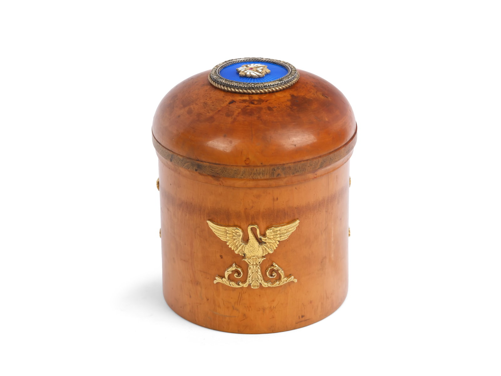 WOODEN TOBACCO BOX, BIRCH?: Wooden tobacco boxBirch?Body featuring gilt silver reliefsHallmarked (84 zolotniki)Crowned on the lid with a silver medallionSet with diamonds all aroundBlue enamel background crowned with the