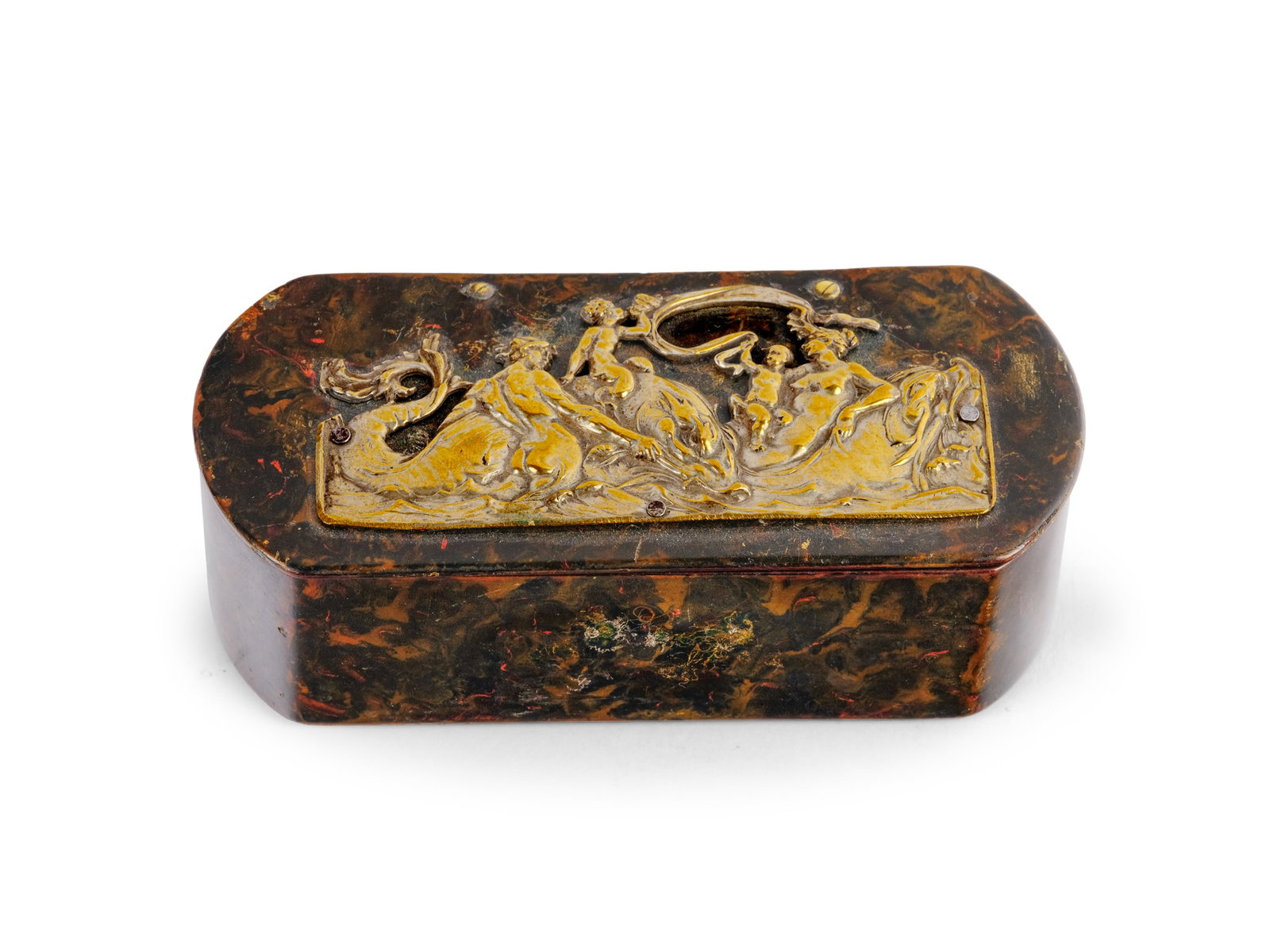 LACQUER BOX, ON THE LID, A SILVER-PLATED METAL RELIEF WITH MYTHOLOGICAL MOTIFS: Lacquer box On the lid, a silver-plated metal relief with mythological motifsLength 11.5 cm, width 5 cm, height 3.5 cm