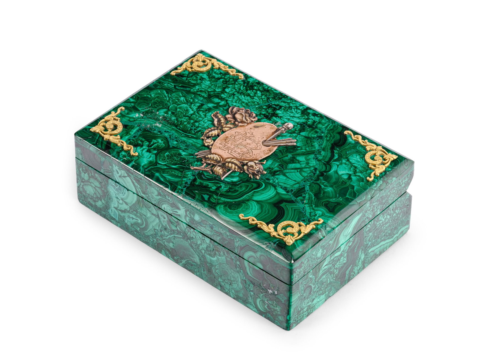 LARGE MALACHITE BOX, LID FEATURES 5 SILVER AND GILT RELIEFS, MARKED (84 ZOLOTNIKI): Large malachite boxLid features 5 silver and gilt reliefs, marked (84 Zolotniki)14.8 x 10 cm, height 15 cm