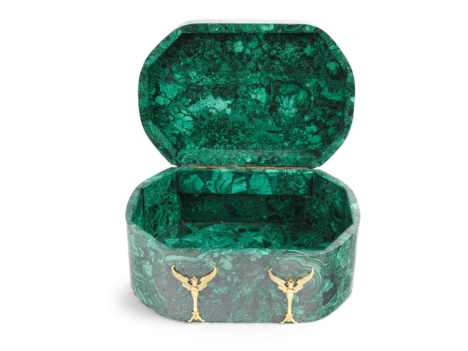 VERY LARGE LIDDED BOX MADE OF MALACHITE, DECORATED WITH GILT SILVER RELIEFS, MARKED (84 ZOLOTNIKI): Very large lidded box made of malachiteDecorated with gilt silver reliefs, marked (84 Zolotniki)21.5 x 15.6 cm, height 10.8 cm