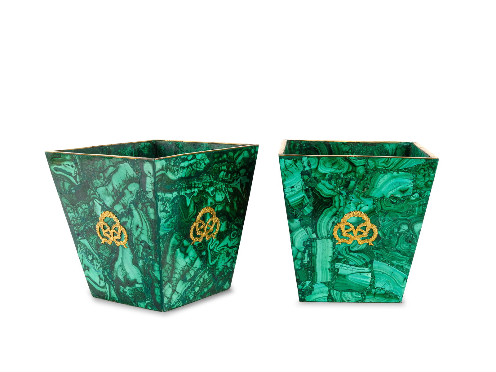 PAIR OF MALACHITE CACHEPOTS, ALL AROUND WITH FLORAL RELIEFS: Pair of malachite cachepotsAll around with floral reliefsGilt silver, marked (84 Zolotniki)Each 15 x 15 cm, height 15 cm