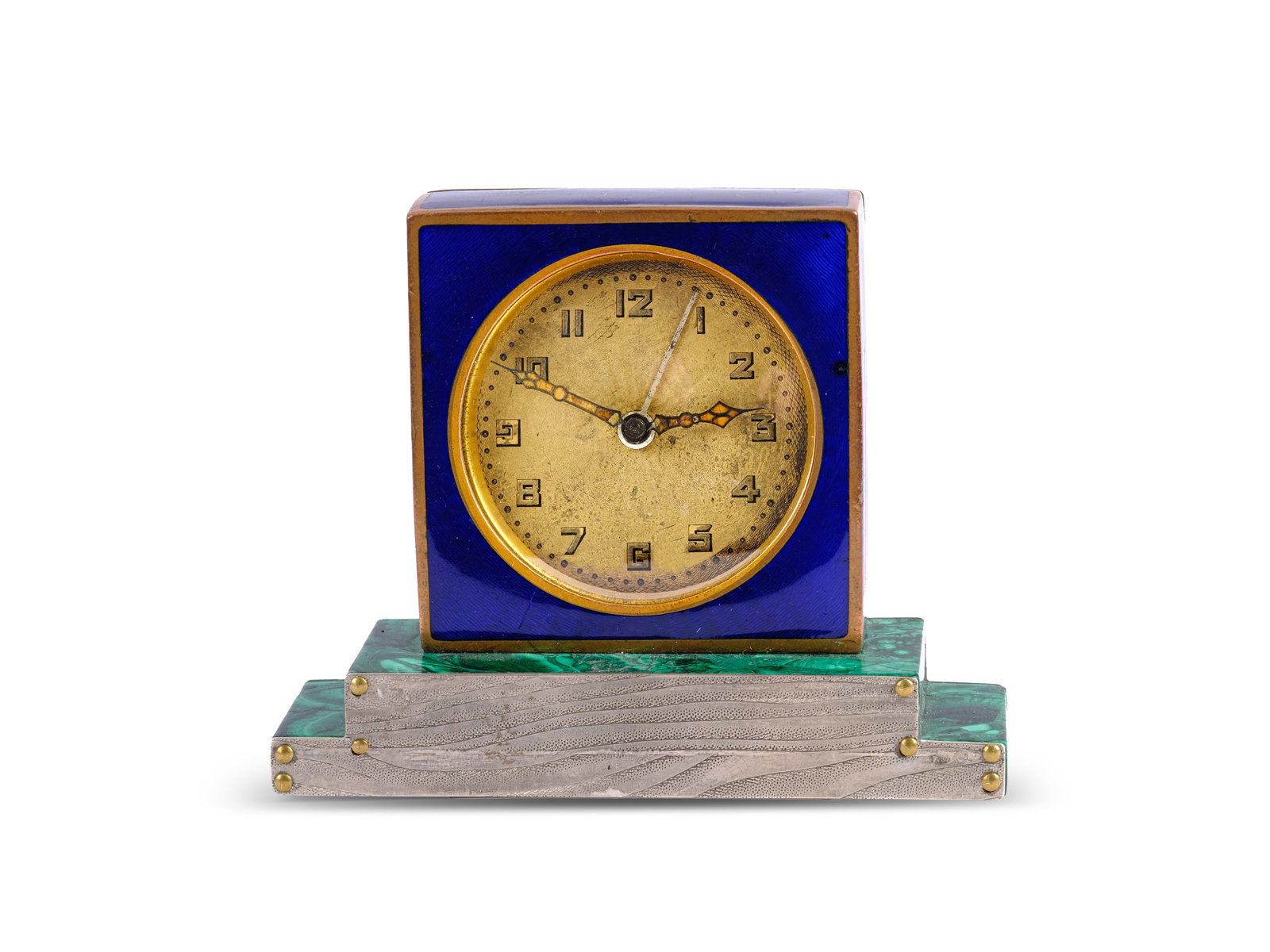SMALL TABLE CLOCK, RUSSIA?, METAL WITH BLUE ENAMEL: Small table clock, Russia?Metal with blue enamelBase: malachite and silver, hallmarked (84 zolotniki)11.7 x 8.5 cm, height 3.6 cmMovement not checked, sold as is
