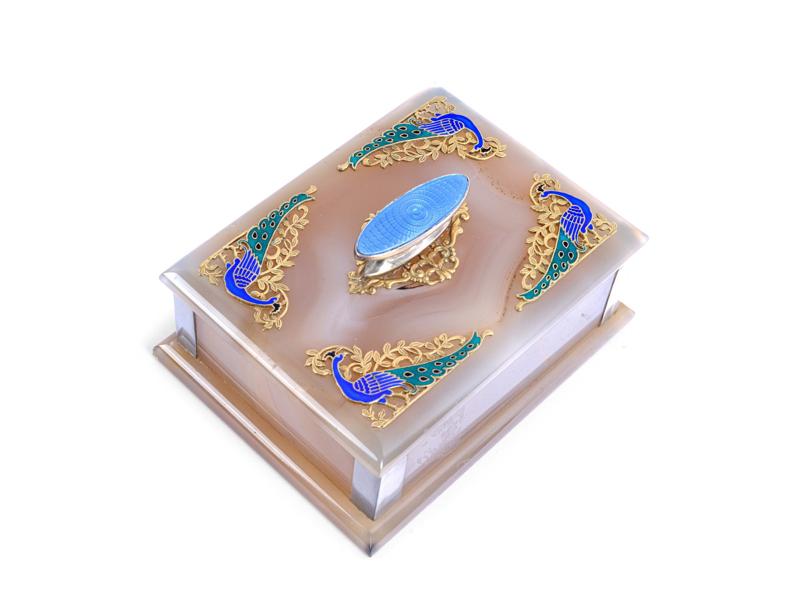 LIDDED BOX, AGATE?, WITH GILT SILVER AND ENAMEL APPLIQUES (1 of 3)