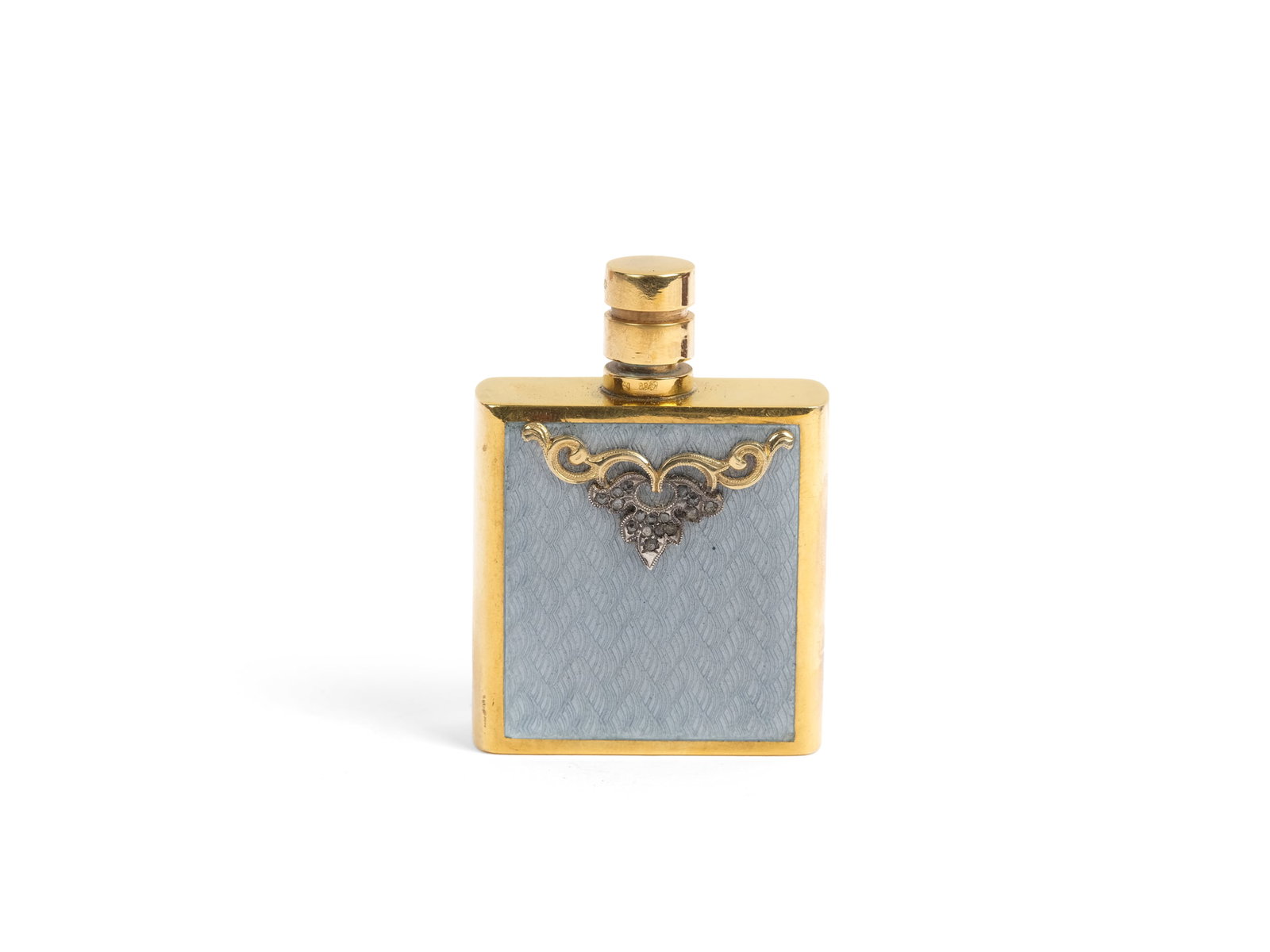 PERFUME BOTTLE, GILT SILVER, HALLMARKED (88 ZOLOTNIKI): Perfume bottleGilt silver, hallmarked (88 Zolotniki)Light blue enamelwith Gilt silver relief appliques and diamond settingHeight 5.5 cmWeight 60.5 gIn original case