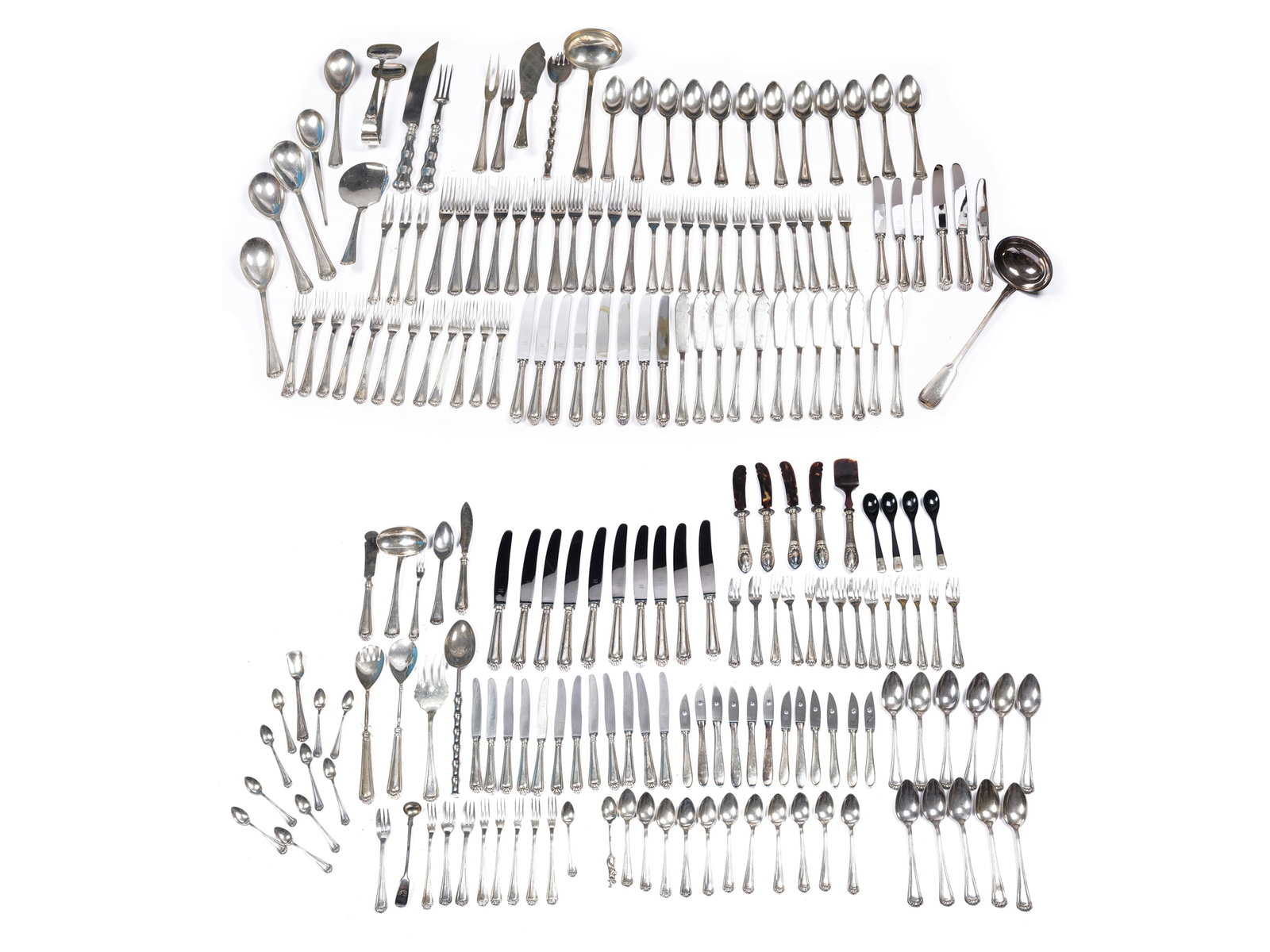 SILVER CUTLERY, 174-PIECE SILVER CUTLERY SET FOR 12 PEOPLE: Silver cutlery174-piece silver cutlery set for 12 peopleplus serving and carving cutlery in a different designConsisting of:12 large spoons, weight 895.5 g12 large forks, weight 808.8 g12 dinner