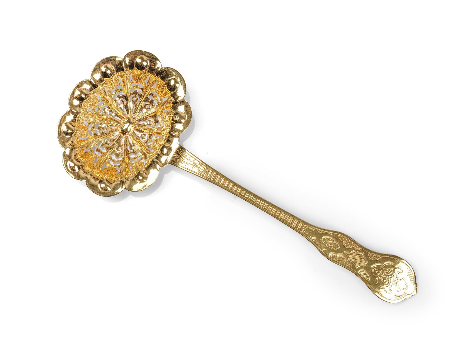 POWDERED SUGAR SHAKER, GILT SILVER: Powdered sugar shakerGilt silverLength 19.5 cmWeight 28.6 g