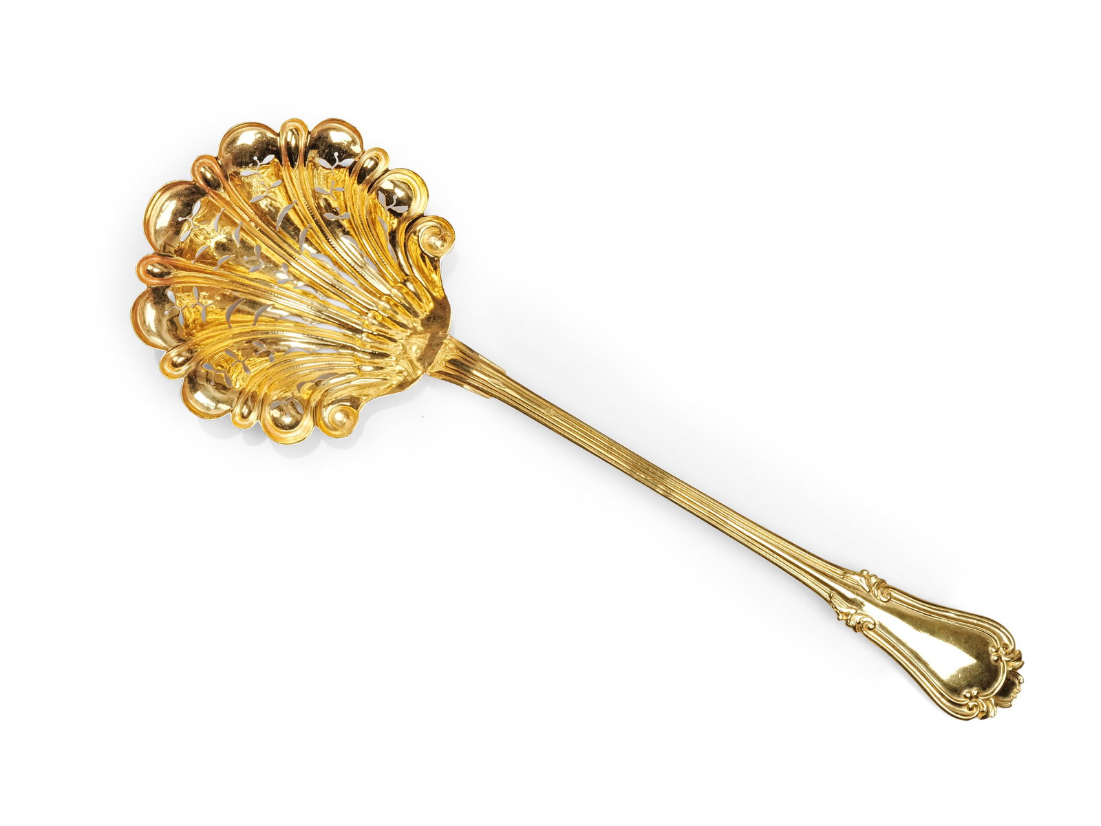 POWDERED SUGAR SHAKER, GILT SILVER: Powdered sugar shakerGilt silverLength 21 cmWeight 32.7 g