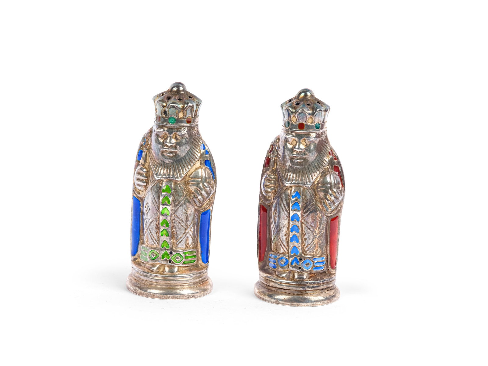 PAIR OF SPICE SHAKERS, ENGLAND, HALLMARKED SILVER AND ENAMEL (1 of 3)