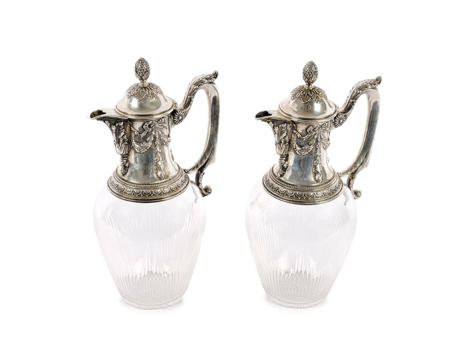 PAIR OF GLASS CARAFES WITH SILVER MOUNTS, SILVER HALLMARKED (800) (1 of 2)