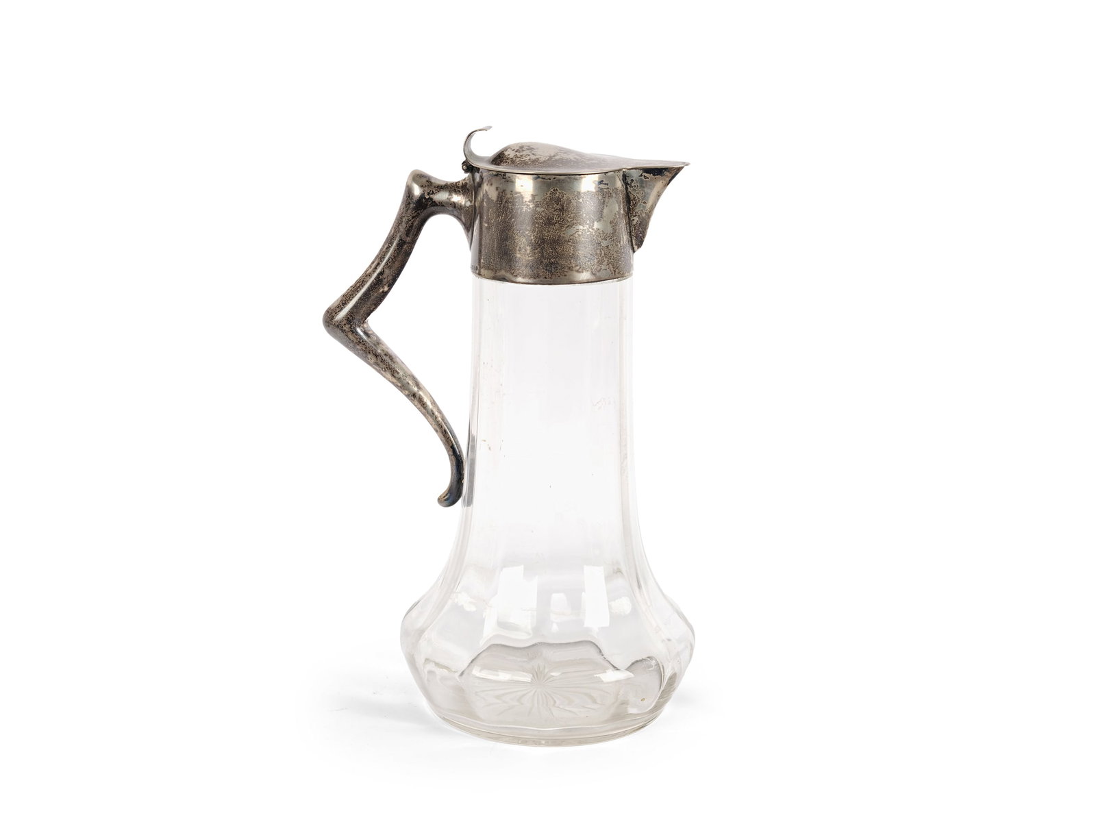 GLASS CARAFE, CLEAR, CUT GLASS WITH SILVER MOUNT (1 of 3)