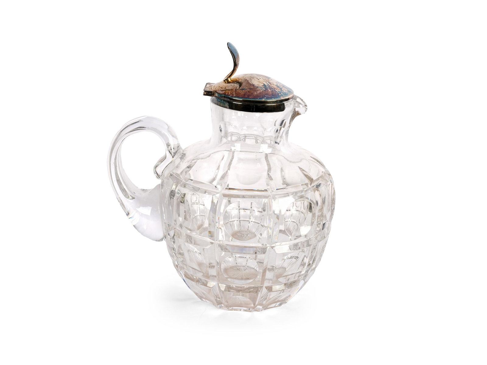 GLASS CARAFE, CLEAR, CUT GLASS WITH SILVER MOUNT (1 of 2)