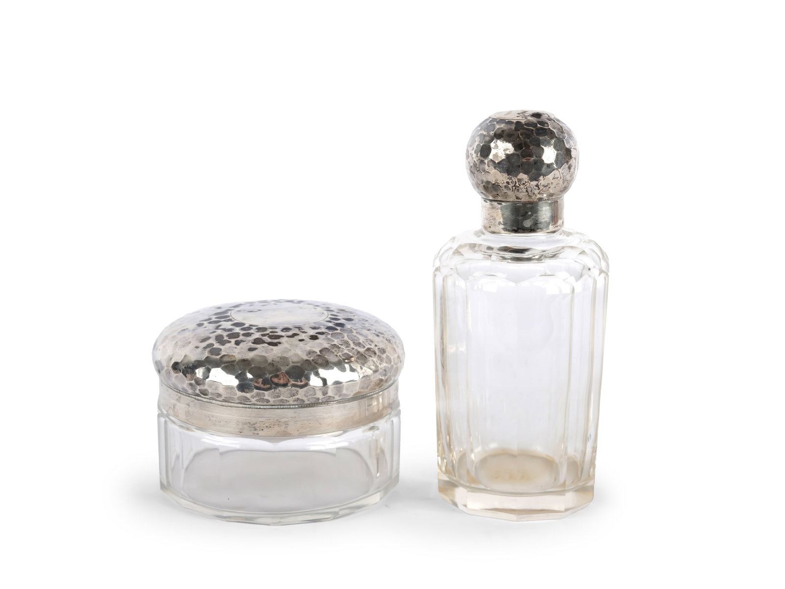 TOILETRY SET: PERFUME BOTTLE AND JAR, HALLMARKED SILVER (800) WITH HAMMERED FINISH (1 of 4)