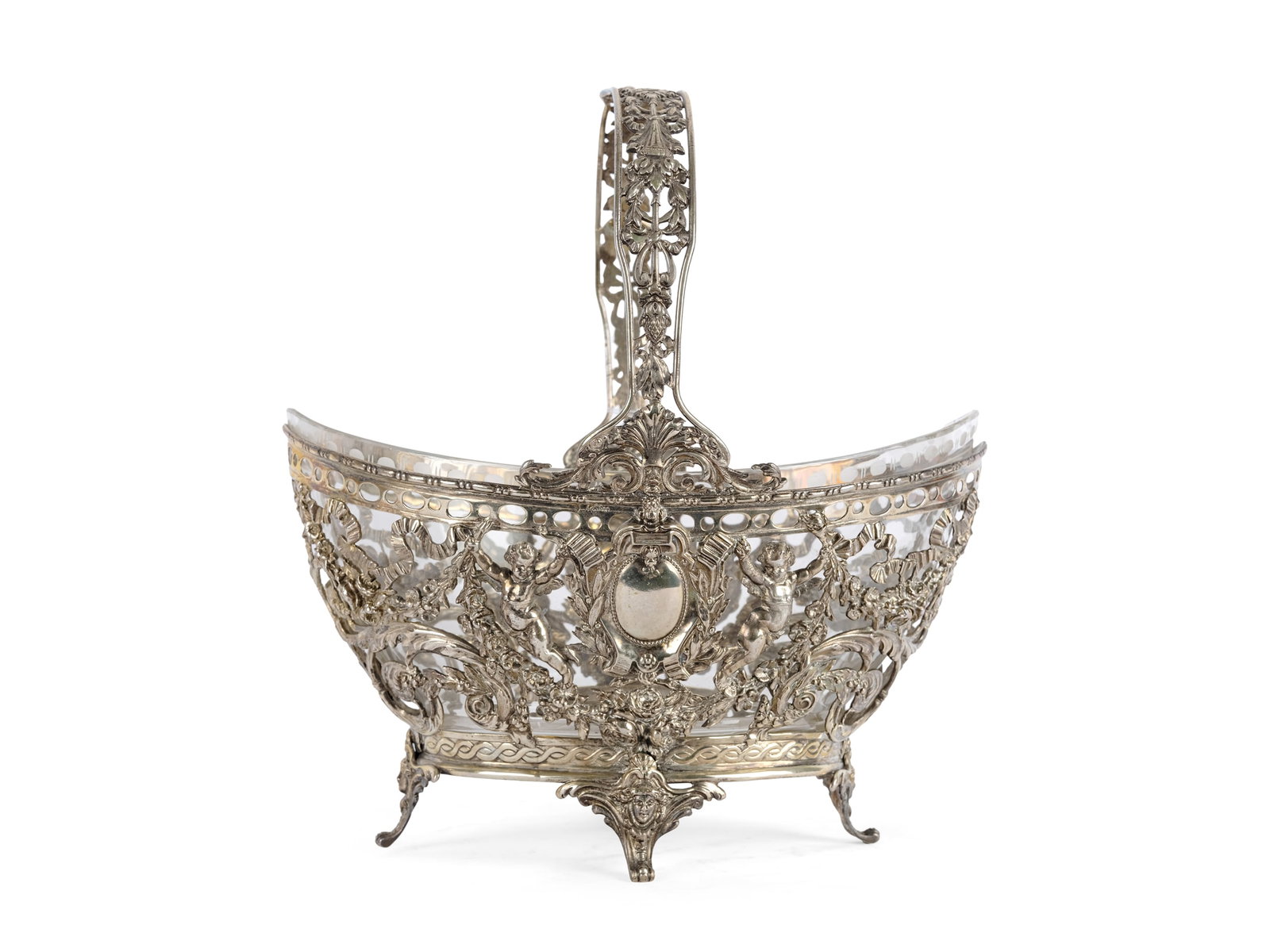 HANDLED BASKET WITH GLASS INSERT, CIRCA 1900 (1 of 4)