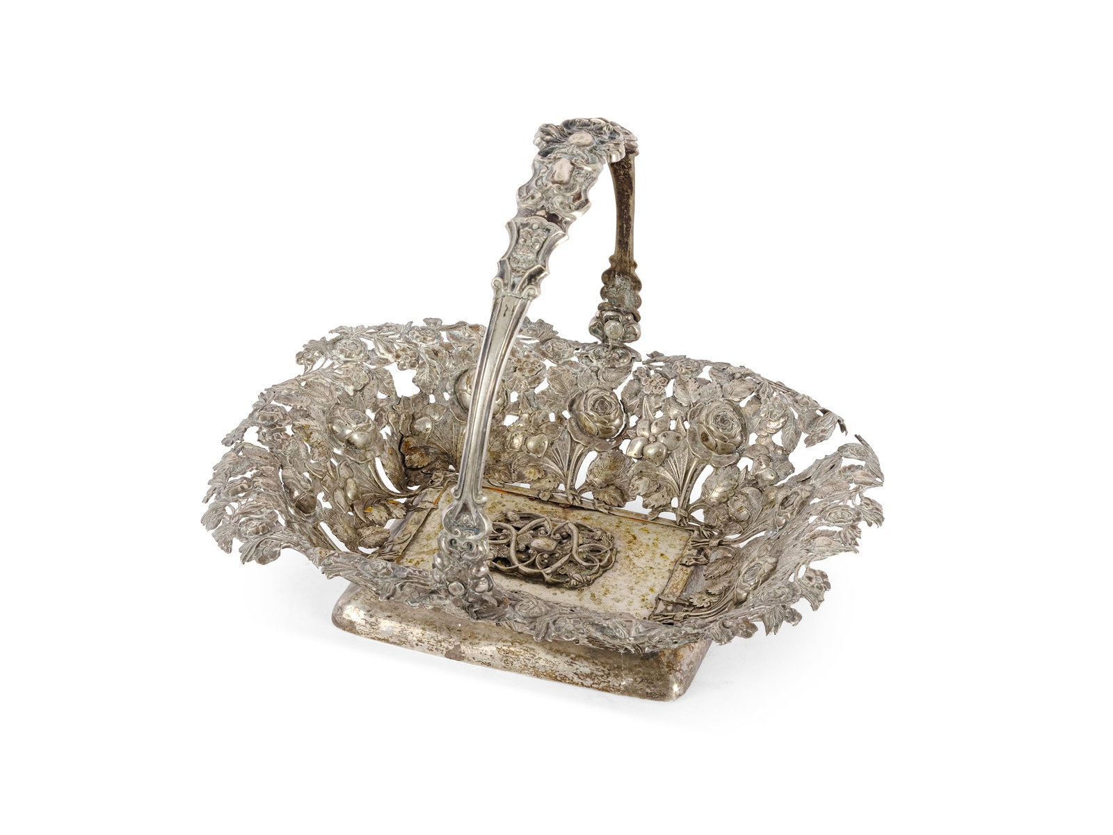 SILVER BOWL WITH ROSE DECORATION, OLD VIENNA, 1855: Silver bowl with rose decorationOld Vienna, 1855Hallmarked silverLength 25 cm, width 21 cm, height with handle 20 cmWeight 309 gDamaged