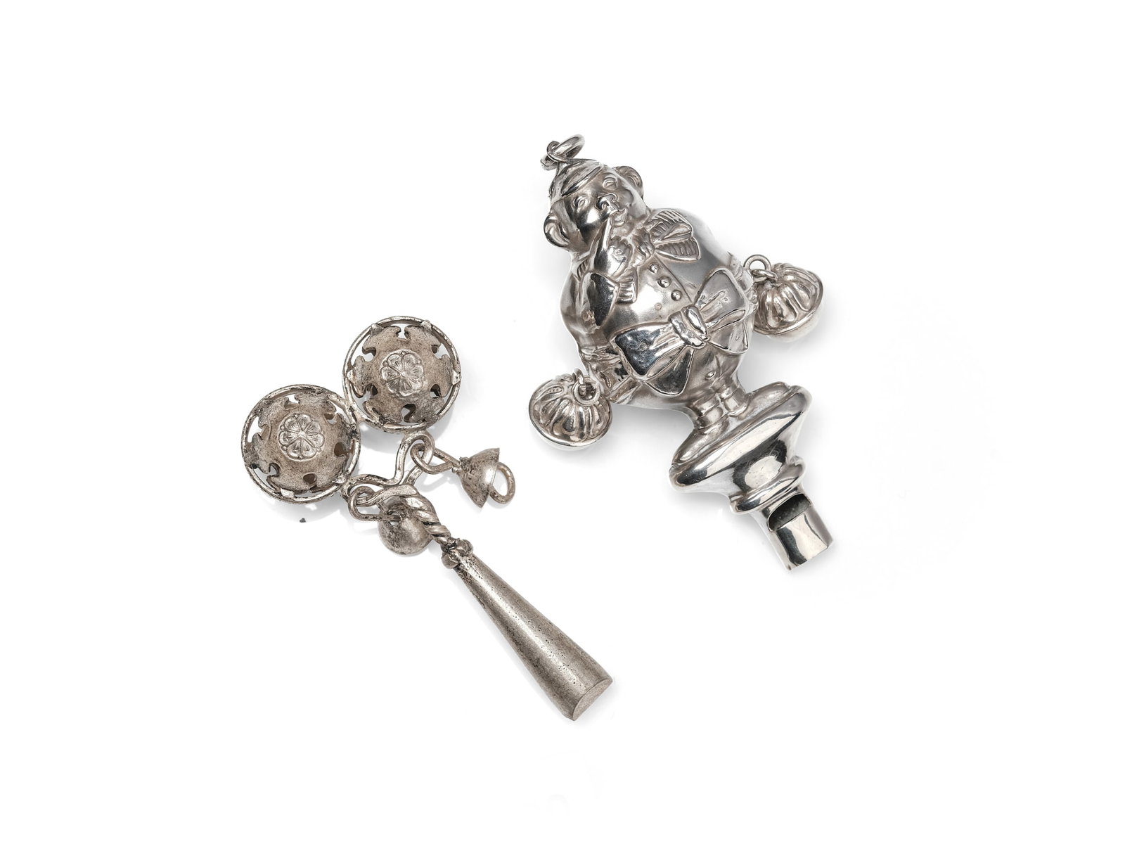 PAIR OF BABY RATTLES WITH BUILT-IN WHISTLE, HALLMARKED SILVER (1 of 2)