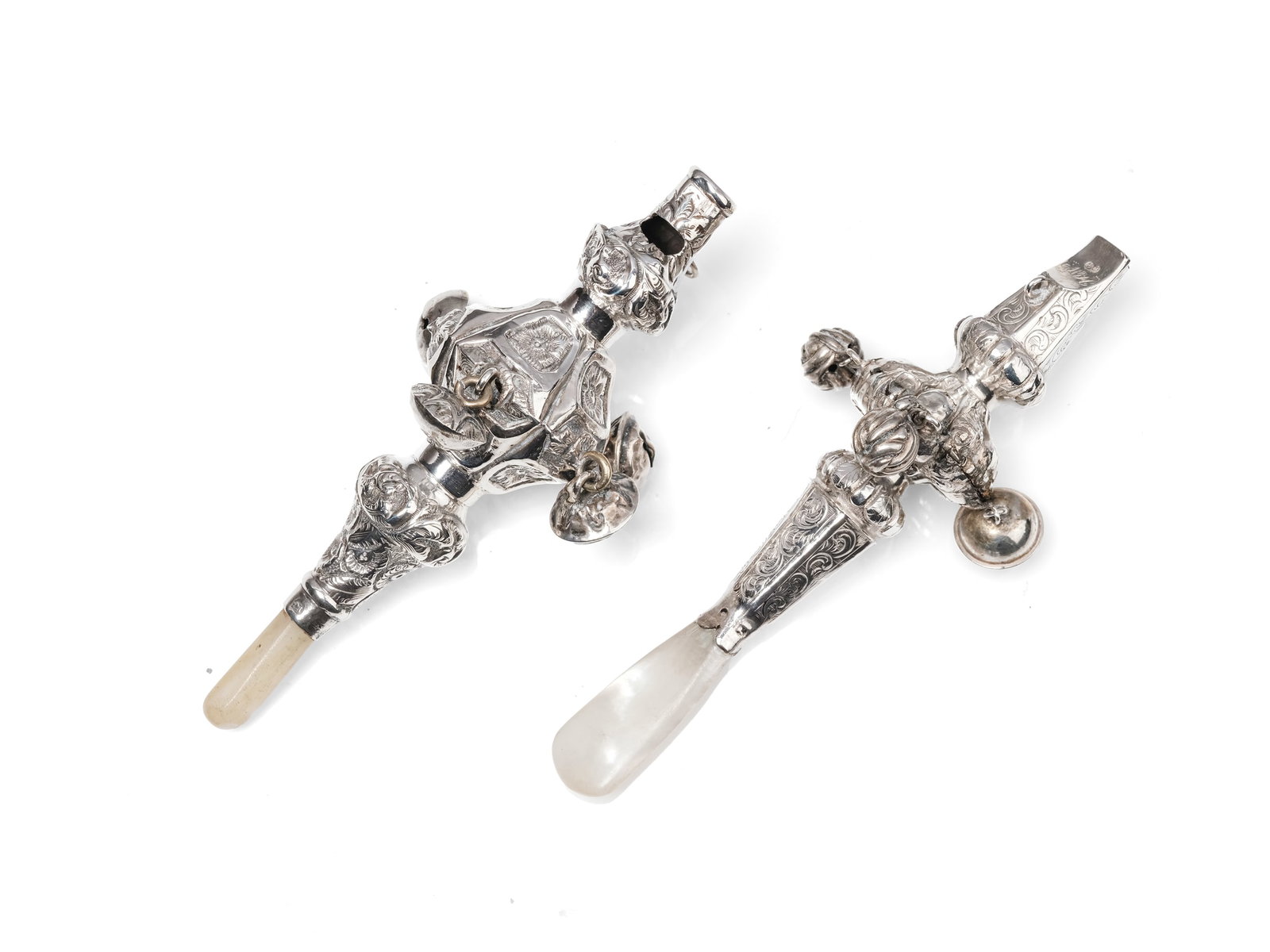 PAIR OF BABY RATTLES WITH BUILT-IN WHISTLE, HALLMARKED SILVER (1 of 1)