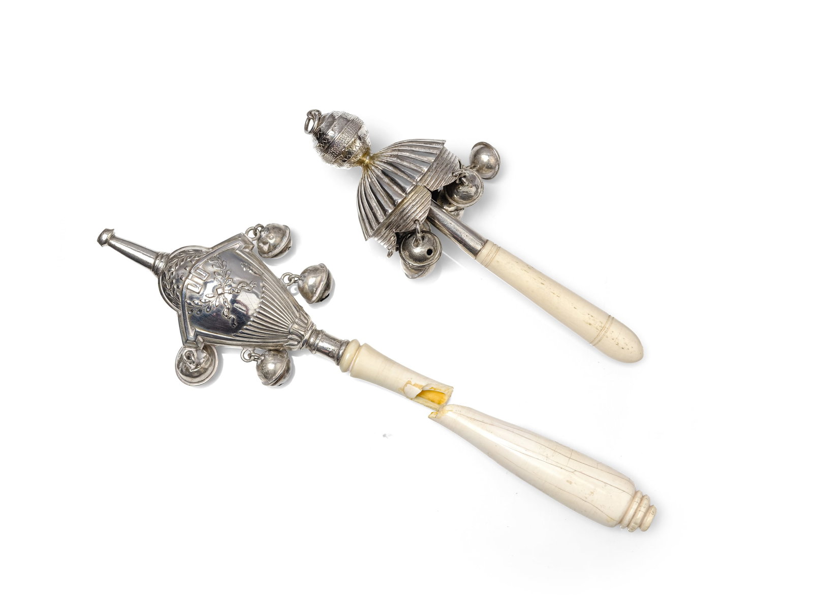 PAIR OF BABY RATTLES, 1 HALLMARKED SILVER, 1 SILVER-PLATED (1 of 1)
