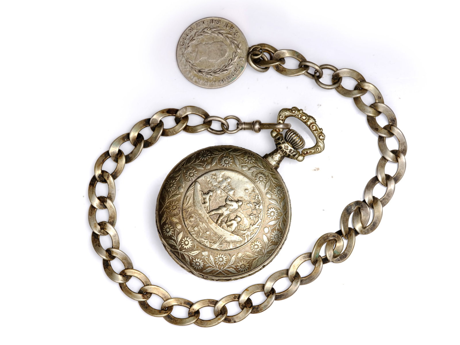 SILVER POCKET WATCH, SILVER CHAIN (1 of 4)