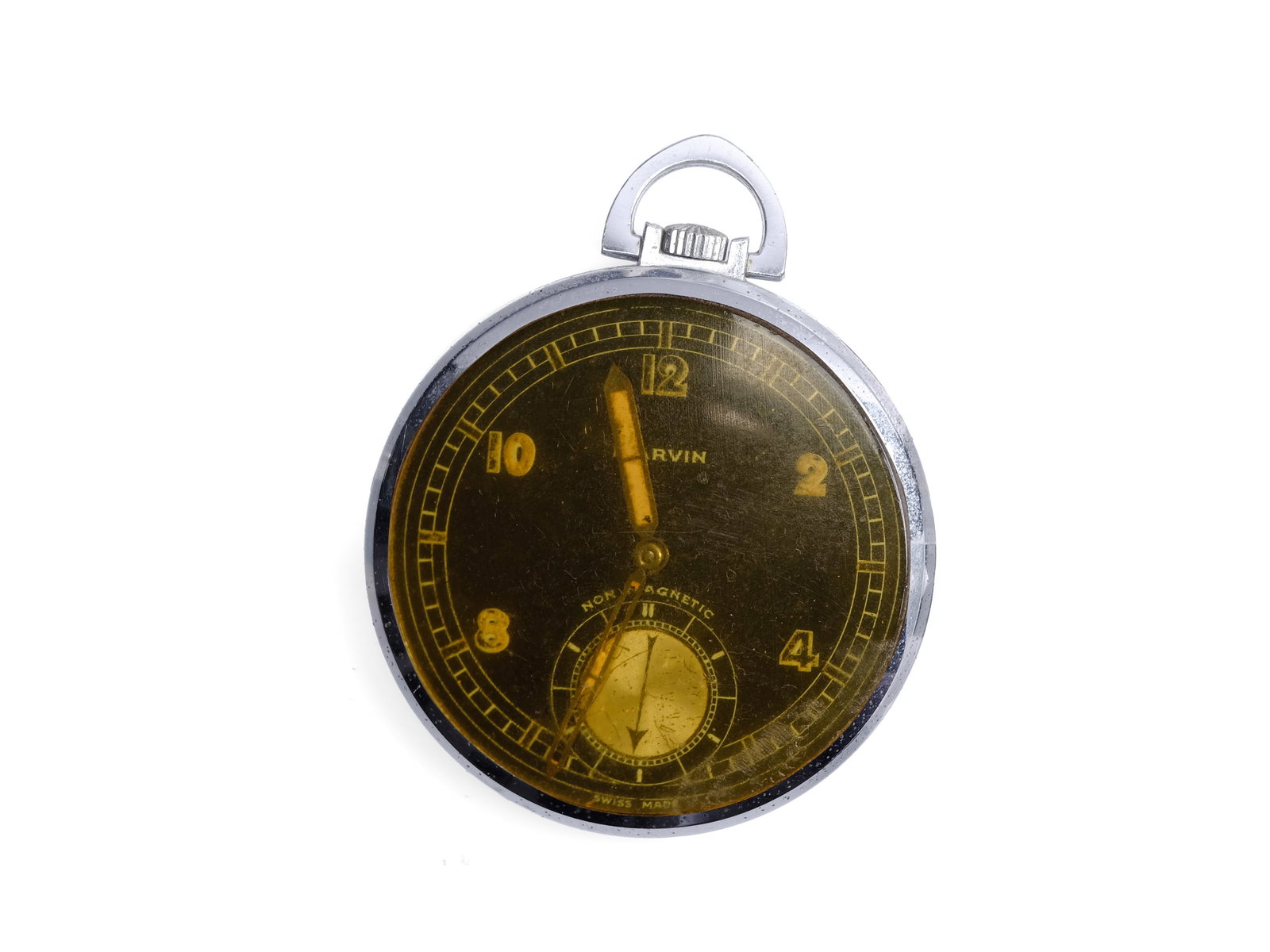 MARVIN POCKET WATCH, SWISS MANUFACTURER: Marvin pocket watchSwiss manufacturerSteel caseDiameter 4.5 cmMovement not checked, sold as is