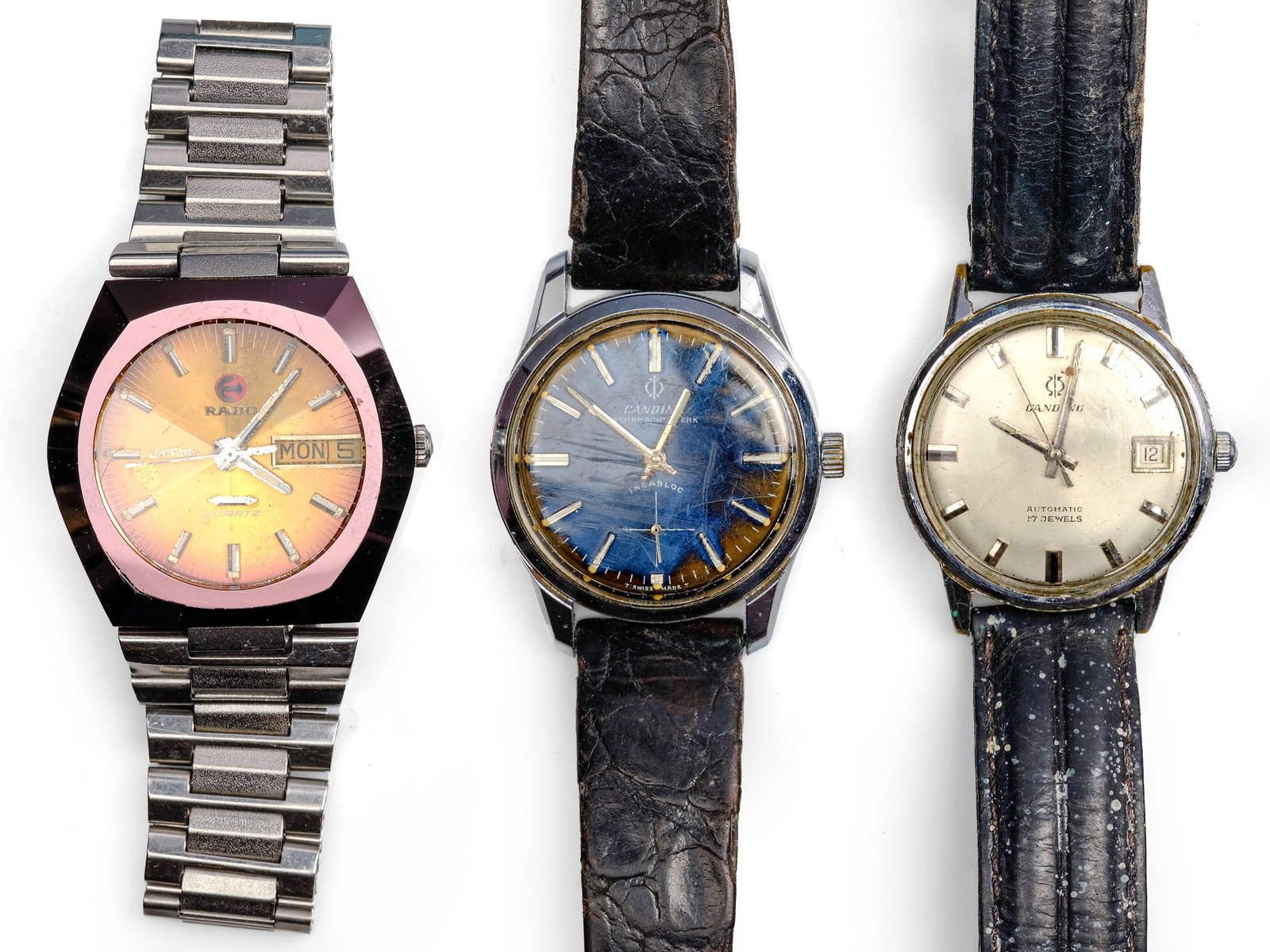 BUNDLE OF 3 WRISTWATCHES, RADO AND CANDINO: Bundle of 3 wristwatchesRado and CandinoBoth Candino watches are runningMovements not checked, sold as-is.