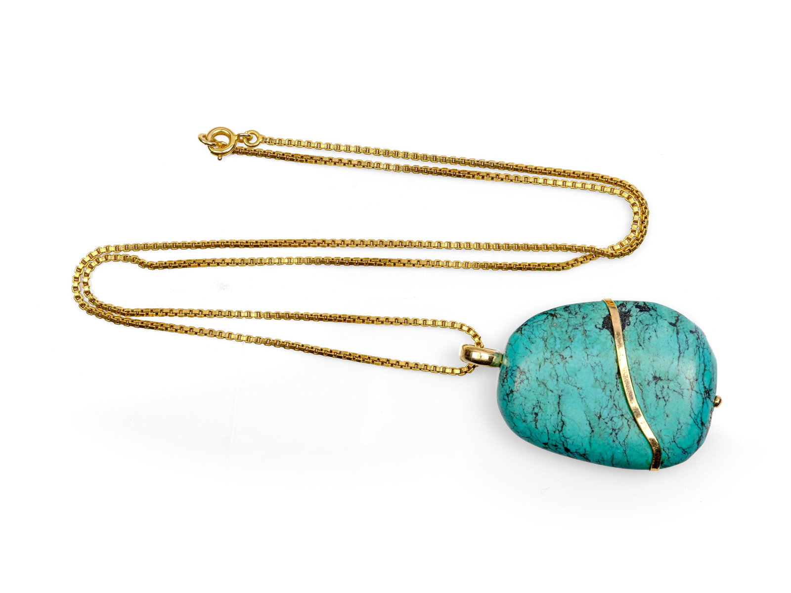 NECKLACE WITH TURQUOISE PENDANT, 14 KT YELLOW GOLD, HALLMARKED: Necklace with turquoise pendant14 kt yellow gold, hallmarkedPendant 5 x 3.5 cmNecklace length 53.5 cmNecklace weight 8.3 gTotal weight 27 g