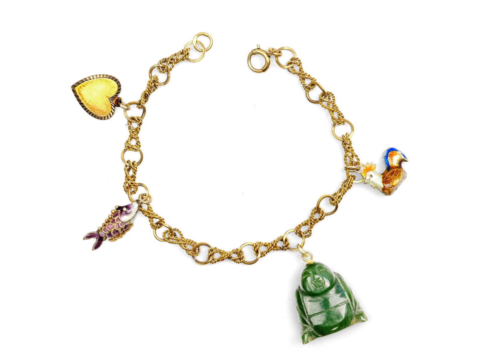 CHARM BRACELET, 14 KT YELLOW GOLD?: Charm bracelet14 kt yellow gold?Various pendants in gold, enamel, and jadeLength 18 cmWeight 13.2 g
