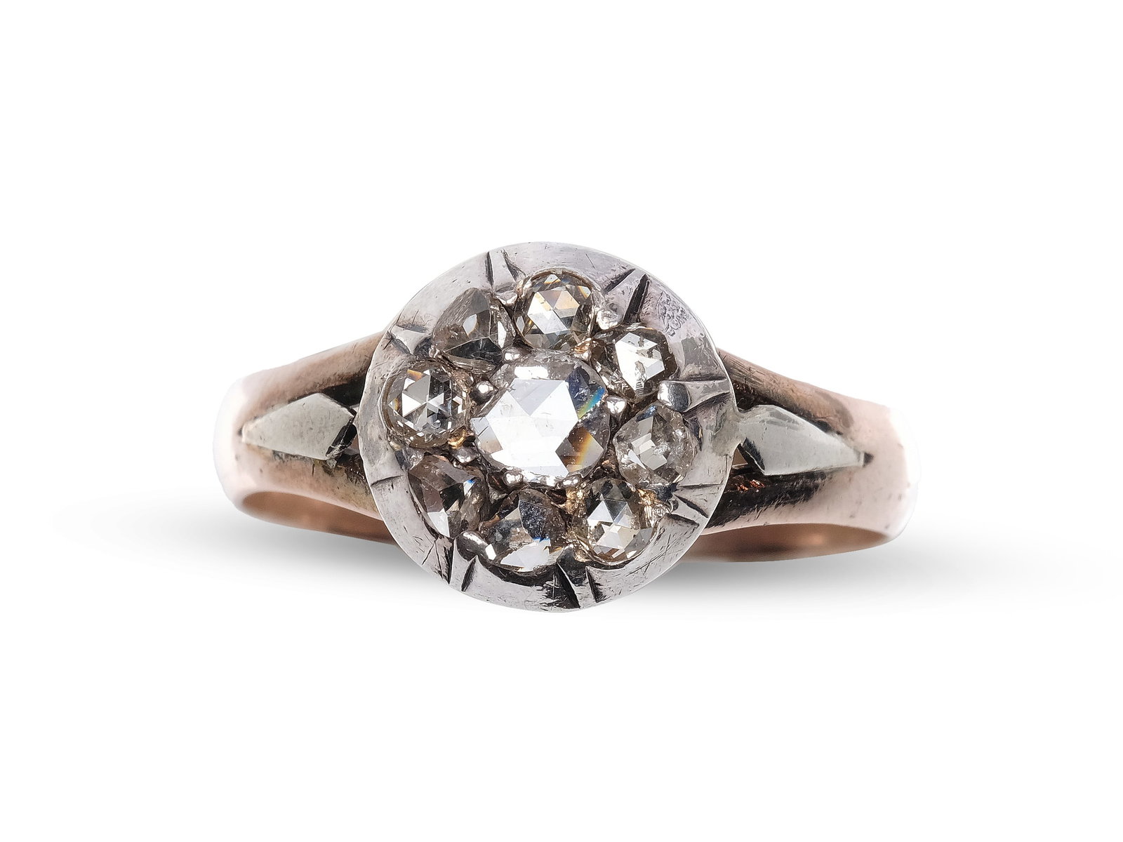 WOMEN'S RING, 14 KT ROSE GOLD AND SILVER: Women's ring14 kt rose gold and silverRose-cut diamonds approx. 1.0 ctRW 65Weight 4.4 g
