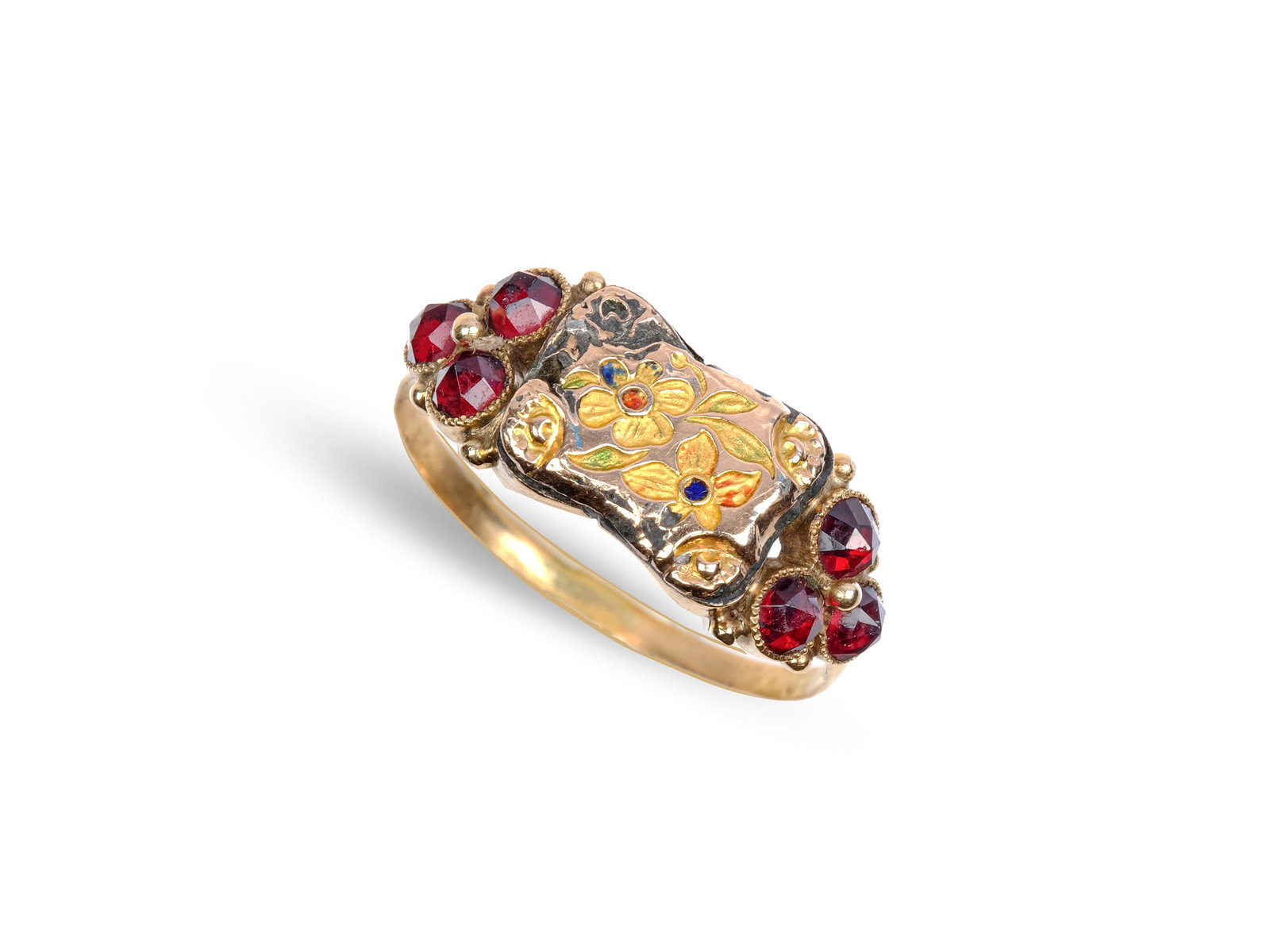 BIEDERMEIER RING, GOLD: Biedermeier ringGold Decorated with garnetsRW 58Weight 2.0 gDamaged on the inside