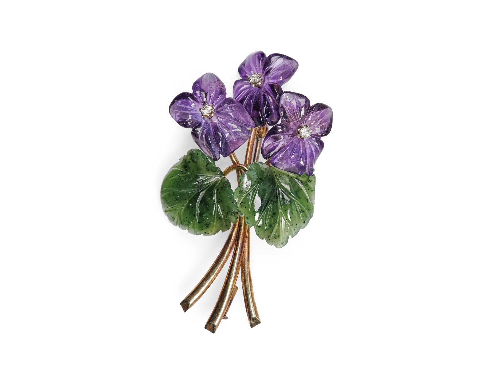VIOLET BROOCH WITH AMETHYSTS, 14 KT YELLOW GOLD (1 of 3)
