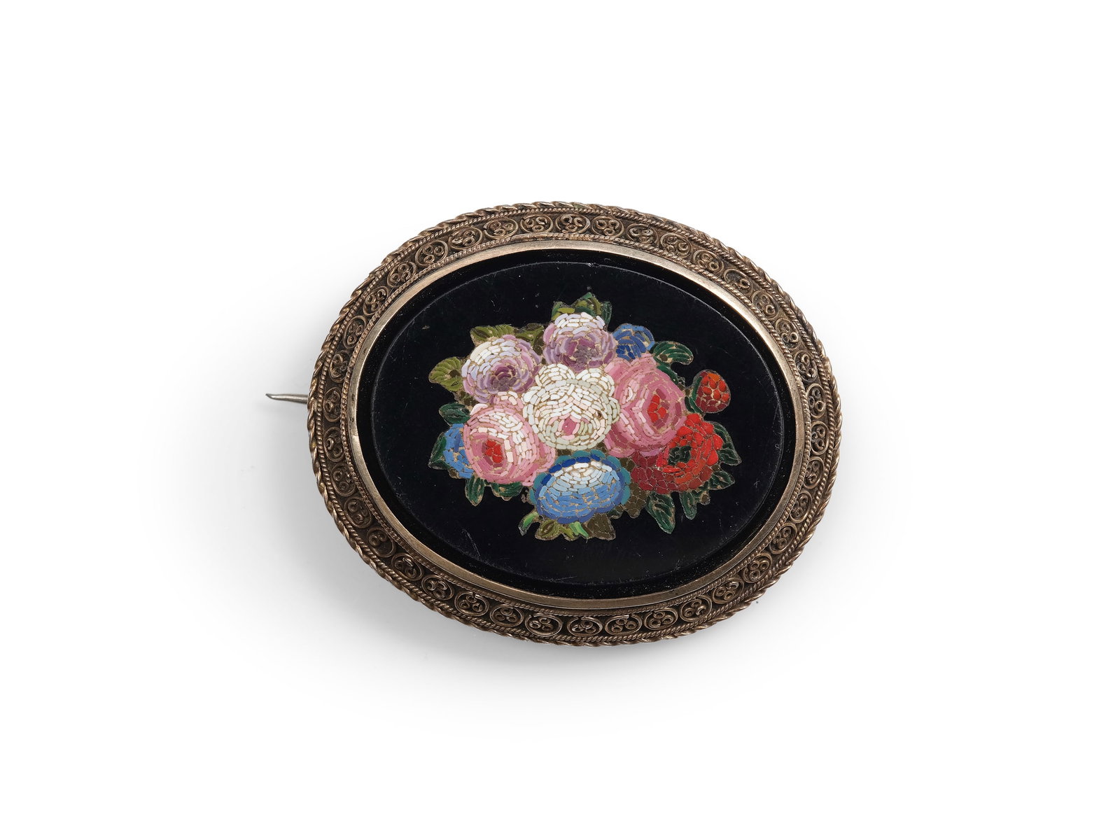 MICROMOSAIC BROOCH, FLOWER BOUQUET IN SILVER SETTING (1 of 2)