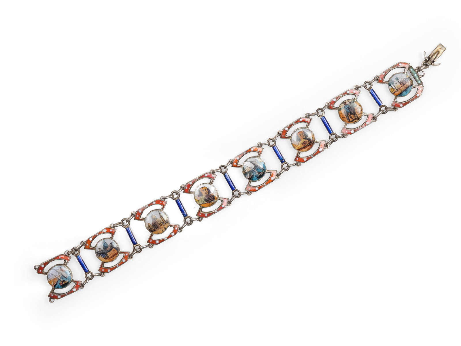 BRACELET, EGYPTIAN REVIVAL, ENAMEL AND SILVER WITH VARIOUS MOTIFS: Bracelet, Egyptian RevivalEnamel and silver with various motifsCirca 1930Length 17 cmWeight 16 g