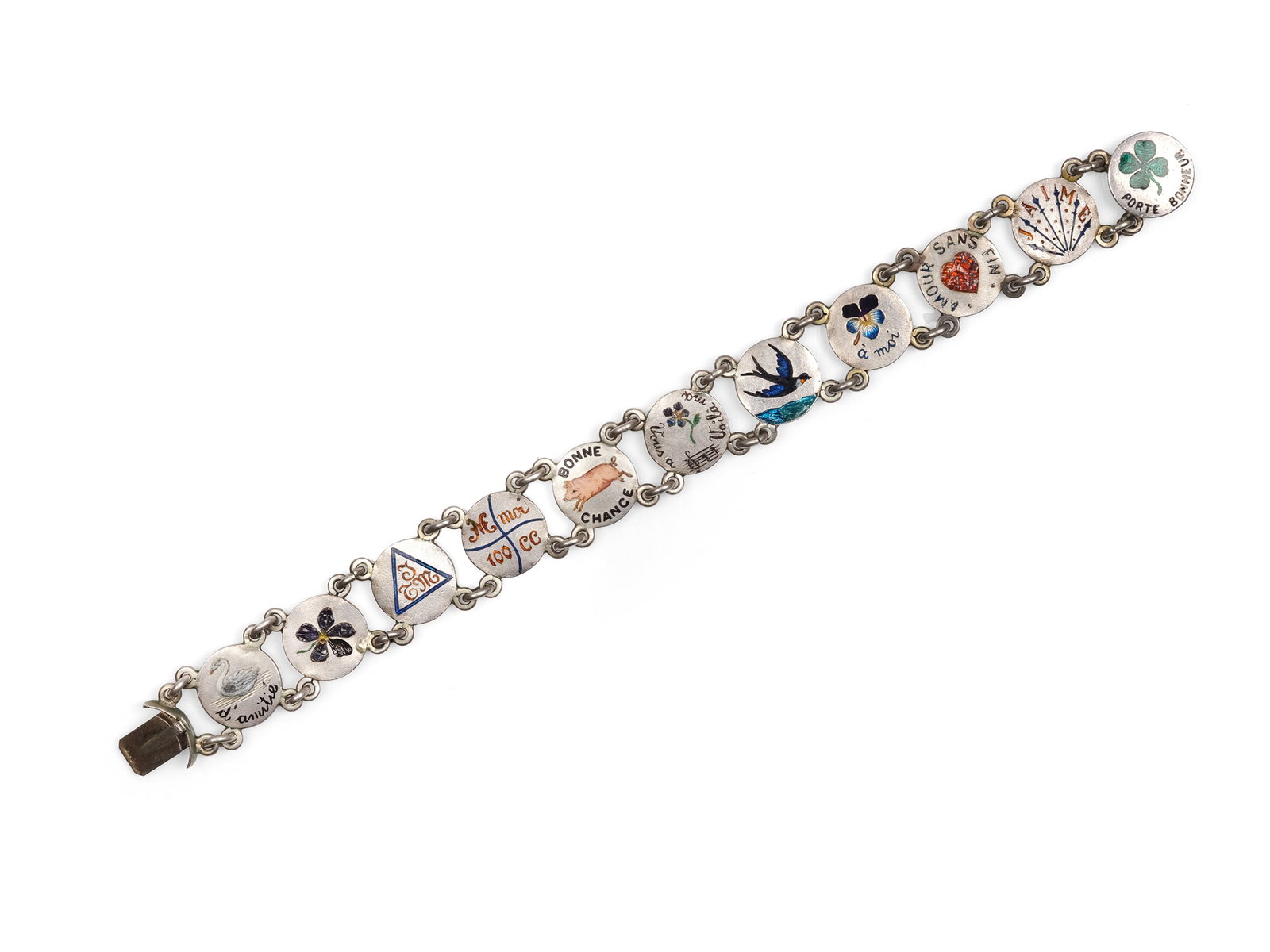 BRACELET, FRANCE: BraceletFranceSilver with inlaid wishes for luck and loveCirca 1900Length 18 cmWeight 24.2 g