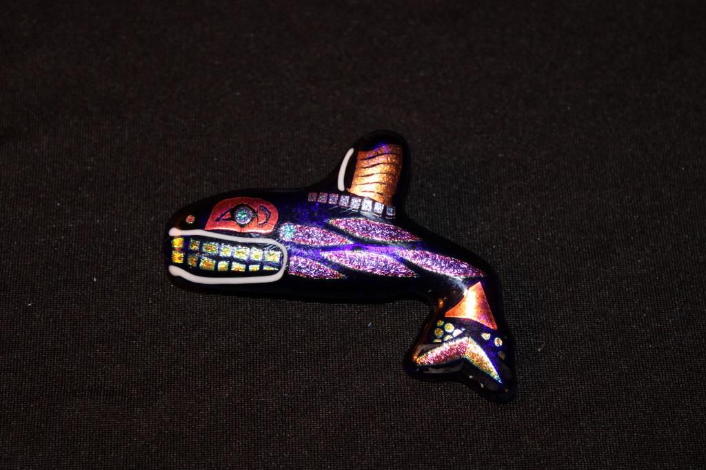 Native Alaskan Glass Whale Pin: Hand Painted Glass Whale Pin 2.5" Long