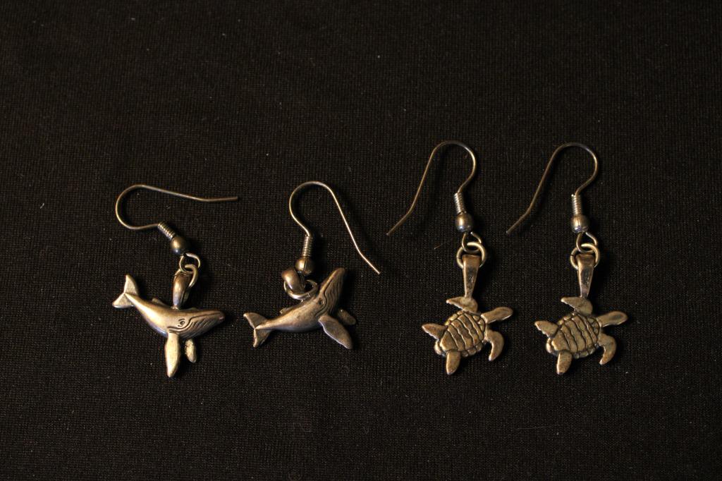 2 Sets of Sterling Silver Earrings: Sterling Silver Whale Earrings Sterling Silver Turtle Earrings