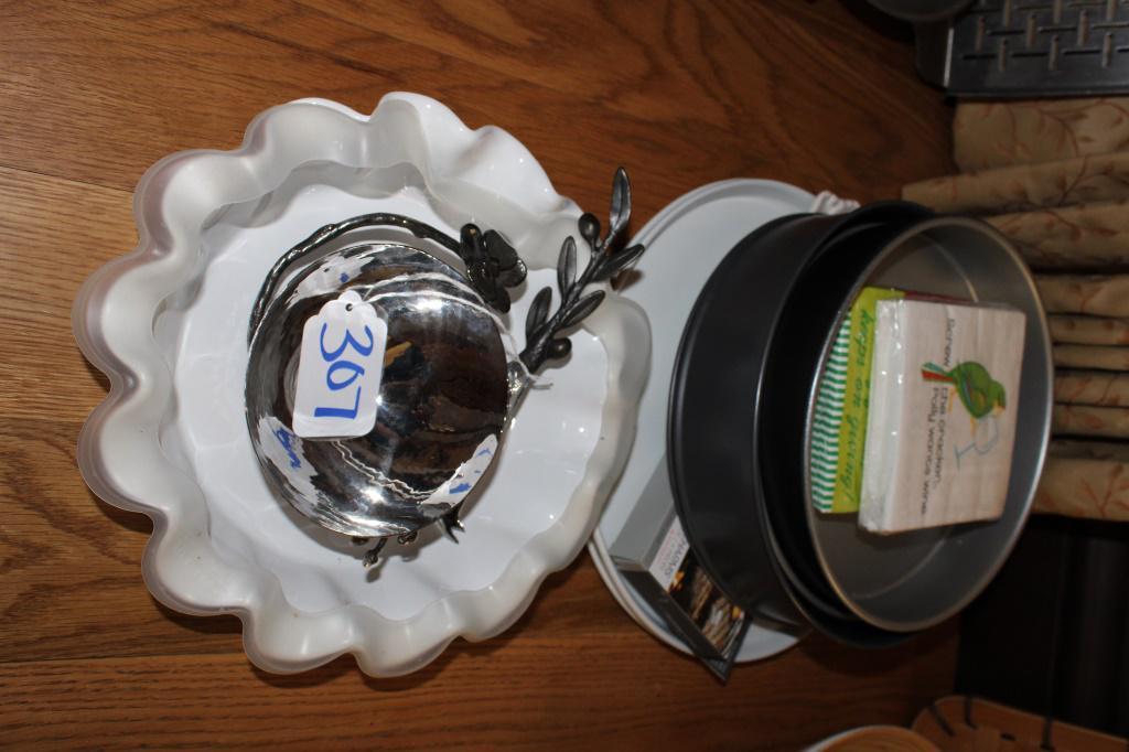 Cook Ware: 3 Round Cake Pans, 2 Cake Plates, Porcelain Pie Trey, Designer Dip Trey