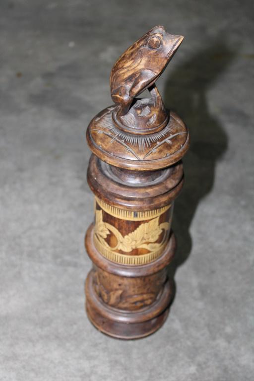 Box of Decor: Hand Carved Antique Bamboo with Hand Carved Frog Topper Tofu Making Kit Sequence Game Godiva ChocolatesFramed Art