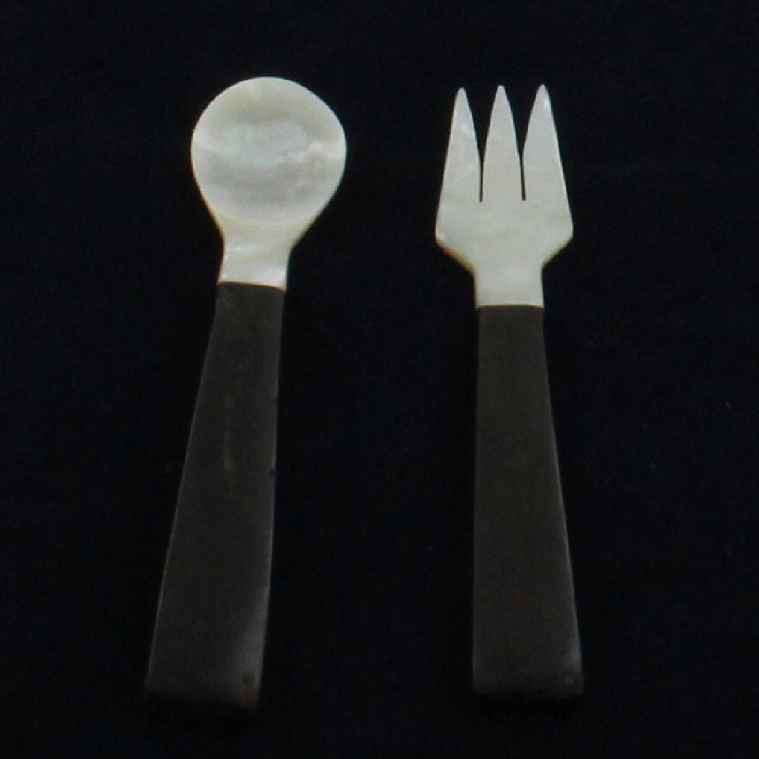 Mother of Pearl Black Ebony Wood Fork Spoon set: Well crafted new 2 pc fork and spoon set; 5.5" each