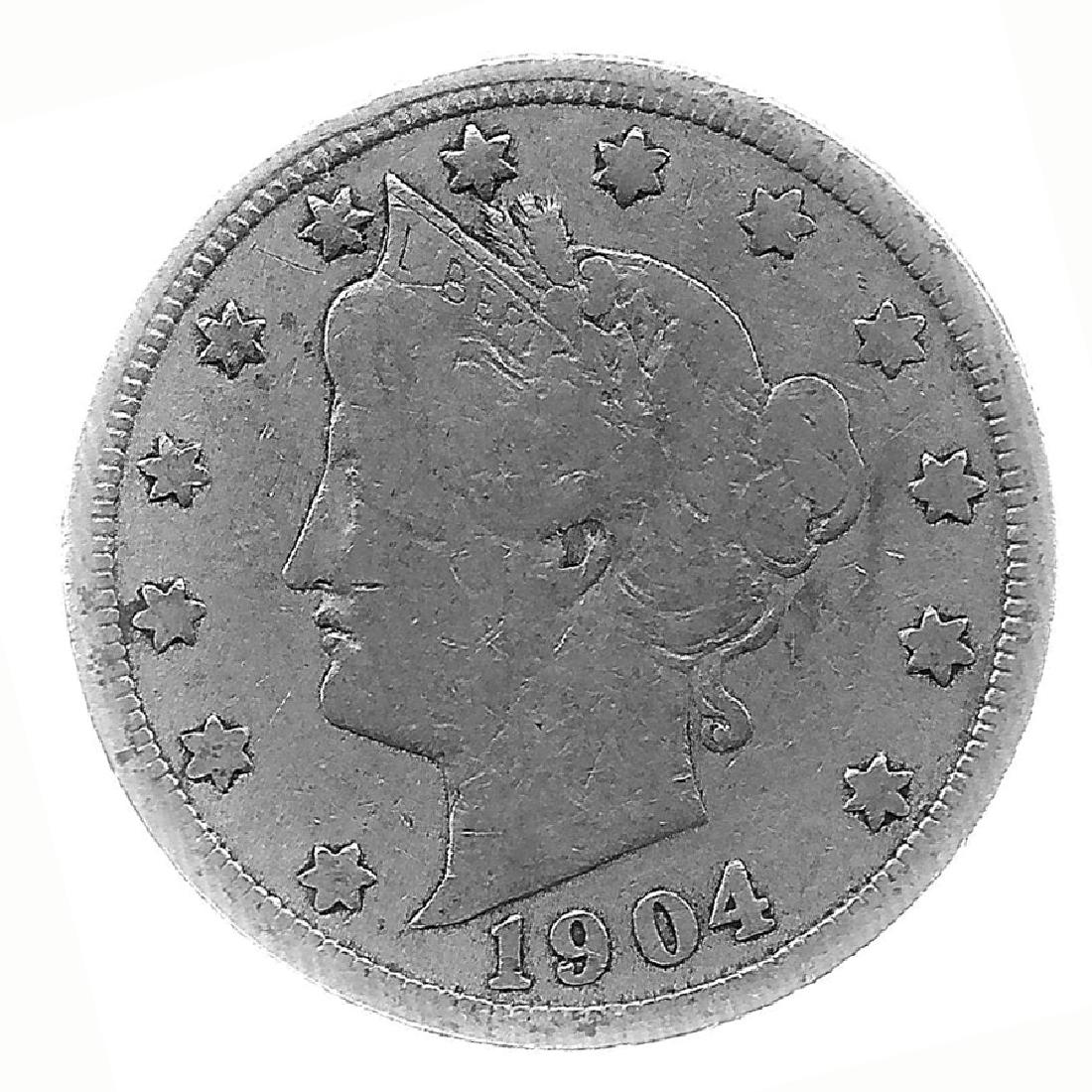 1904 Better Grade Lib 5c Partial Liberty Showing: Better grade circulated piece with partial to full LIBERTY showing