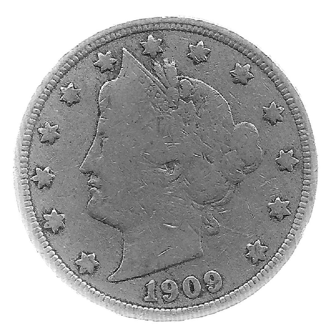 1909 Better Grade Lib 5c Partial Liberty Showing: Better grade circulated piece with partial to full LIBERTY showing