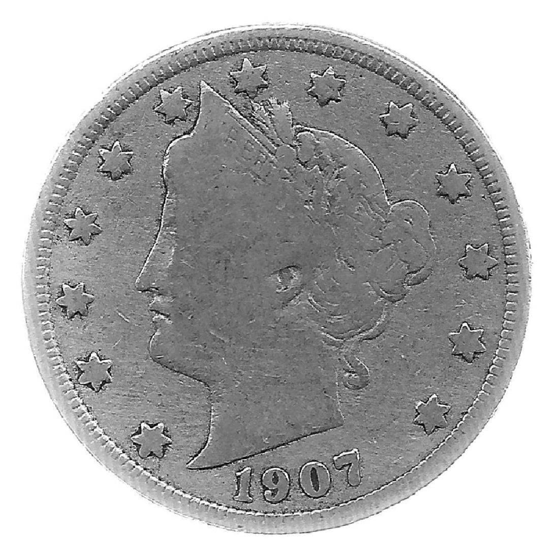 1907 Better Grade Lib 5c Partial Liberty Showing: Better grade circulated piece with partial to full LIBERTY showing