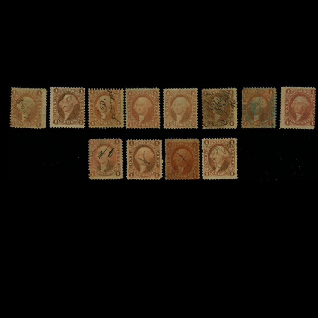 1861 US 1c Revenue Stamp Set Express Prop. Tel.12pcs: Scarce first issue pieces with cancel varieties; without hidden flaws; Scott R1c, R3c, R4c; CV $95