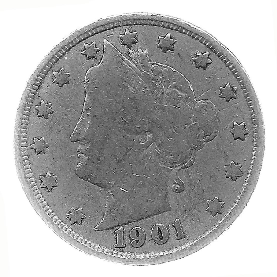 1901 Better Grade Lib 5c Partial Liberty Showing: Better grade circulated piece with partial to full LIBERTY showing