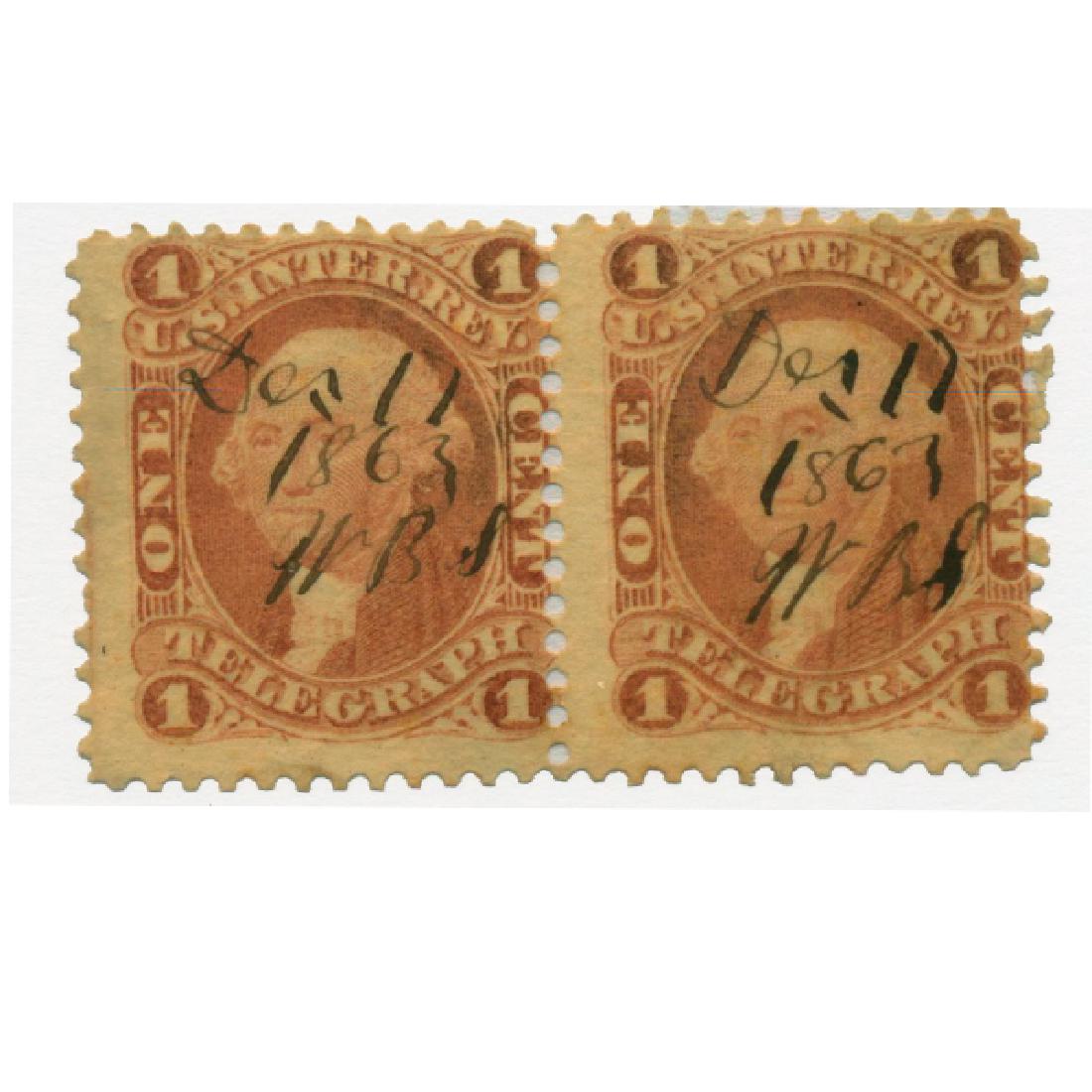 1861 US 1c Revenue Stamp Tel. Pair (1 of 1)