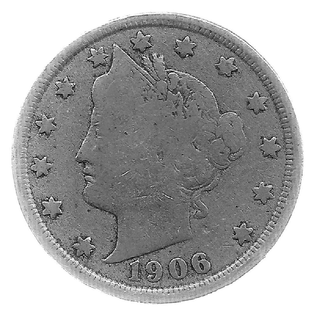 1906 Better Grade Lib 5c Partial Liberty Showing: Better grade circulated piece with partial to full LIBERTY showing