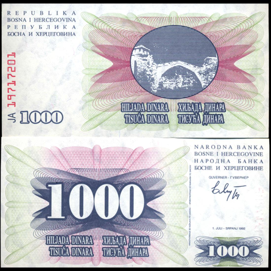 1993 Bosnia 1000 Dinara Note GEM Crisp Unc: Scarce GEM crisp unc top denomination; high book value in GEM unc