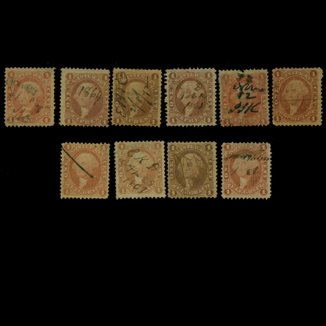 1861 US 1c Revenue Stamp Set Express Prop. Tel.10pcs: Scarce first issue pieces with cancel varieties; without hidden flaws; Scott R1c, R3c, R4c; CV $90