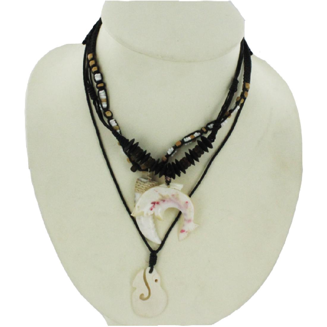 3 New Handcarved Bone & Shell Necklace Choker Pendants: Handcrafted set of 3